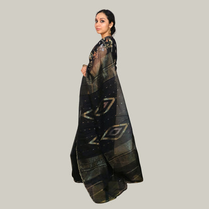 Black Bangladeshi Dhakai Jamdani -Handloom Sarees- Aananda Collections