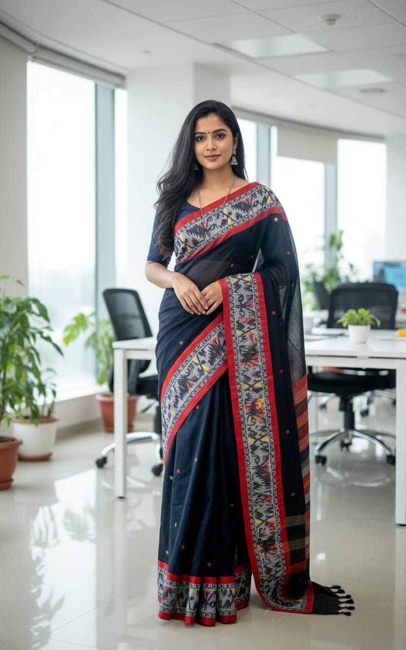 Black Cotton Saree With Dhakai Border -Handloom Sarees- Aananda Collections