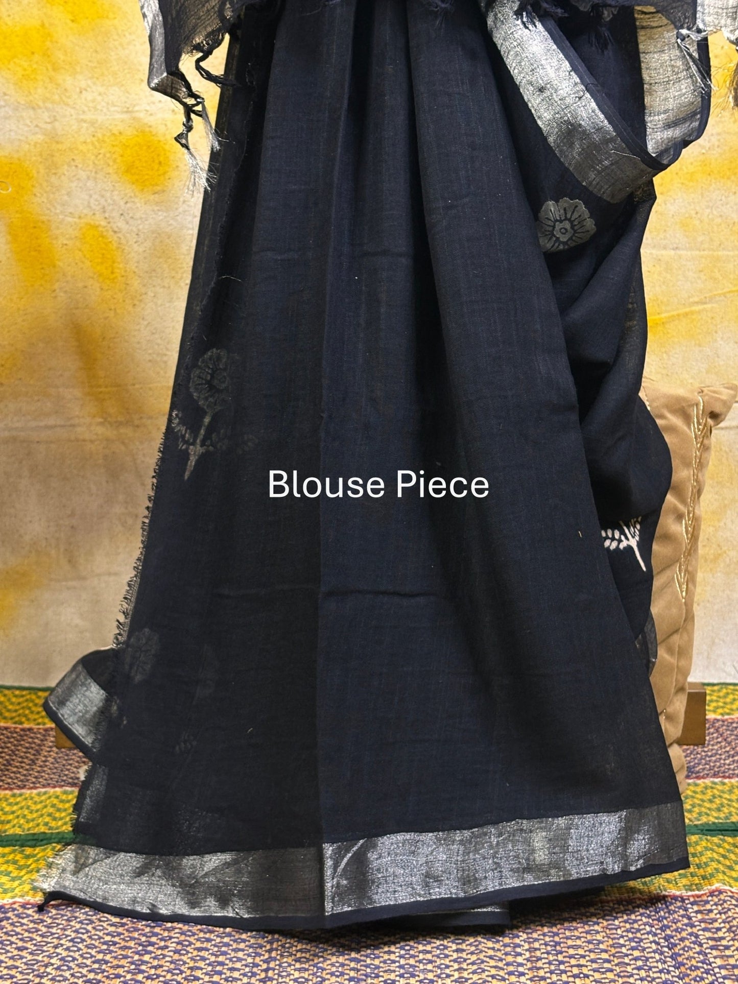 Black Hand Block Printed Linen Saree -Handloom Sarees- Aananda Collections