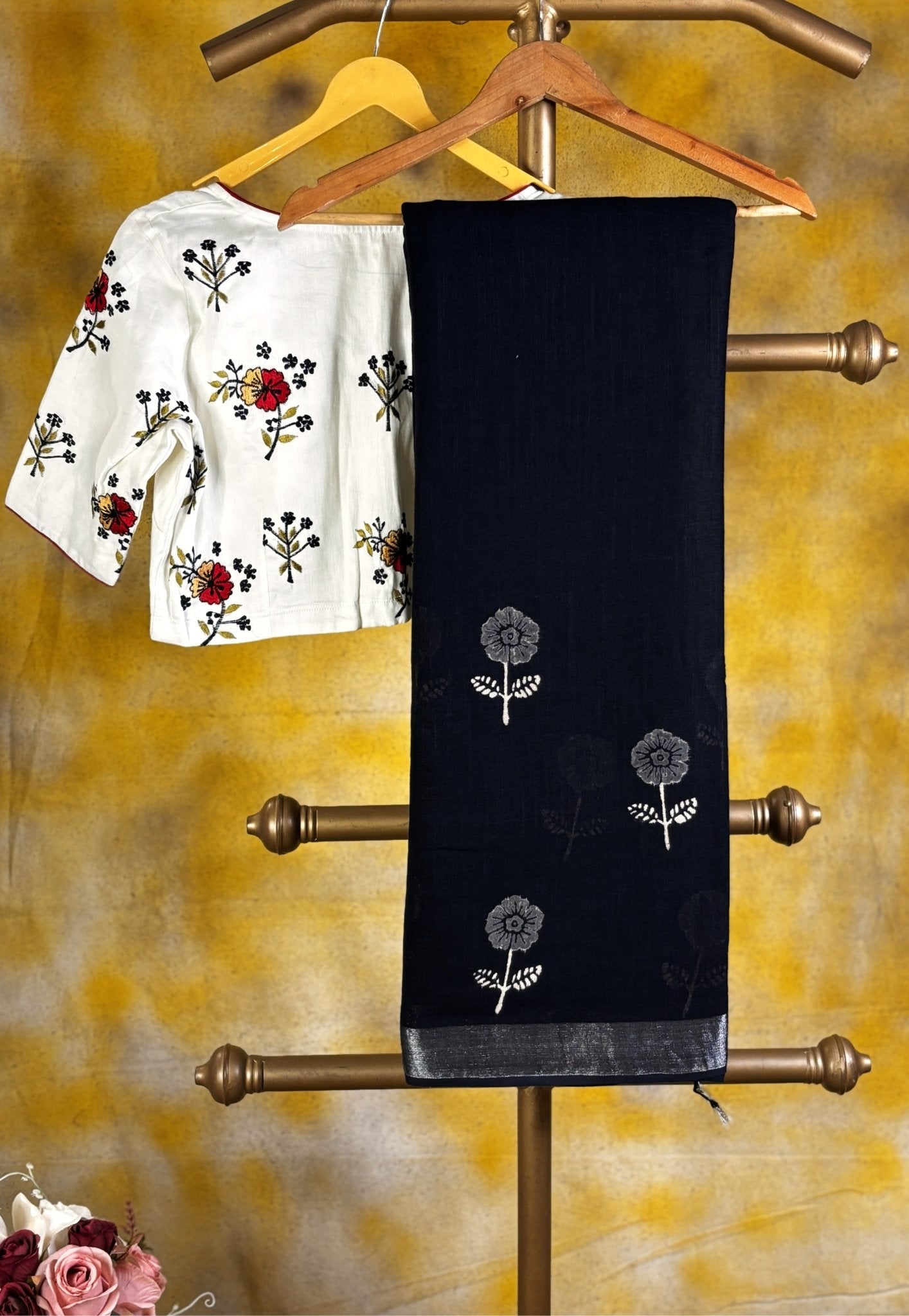 Black Hand Block Printed Linen Saree -Handloom Sarees- Aananda Collections
