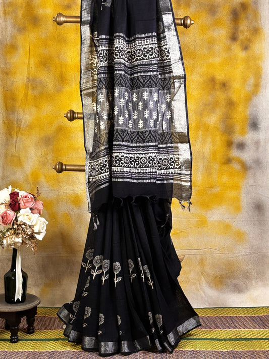 Black Hand Block Printed Linen Saree -Handloom Sarees- Aananda Collections