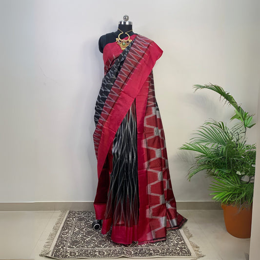 Black & Maroon Pure Silk Ikkat Saree -Handloom Sarees- Aananda Collections
