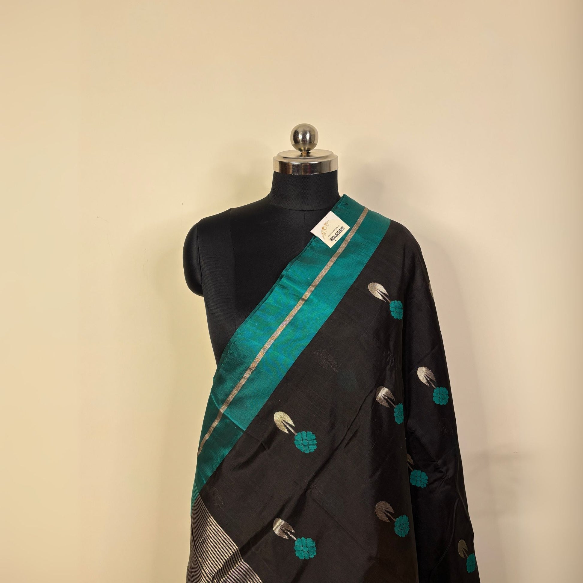Black & Teal Chanderi Silk Saree -Handloom Sarees- Aananda Collections