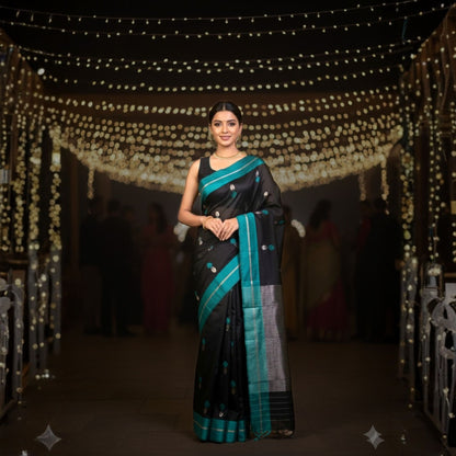 Black & Teal Chanderi Silk Saree -Handloom Sarees- Aananda Collections