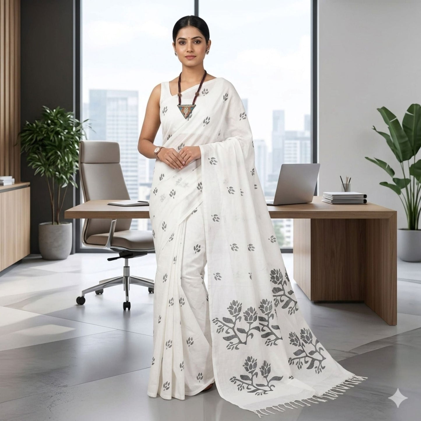 Black & White Cotton Dhakai Jamdani Saree -Handloom Sarees- Aananda Collections