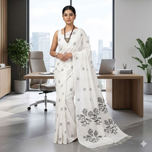 Black & White Cotton Dhakai Jamdani Saree -Handloom Sarees- Aananda Collections