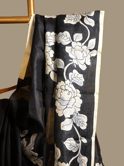 Black & White Hand Painted Murshidabad Silk Saree -Handloom Sarees- Aananda Collections