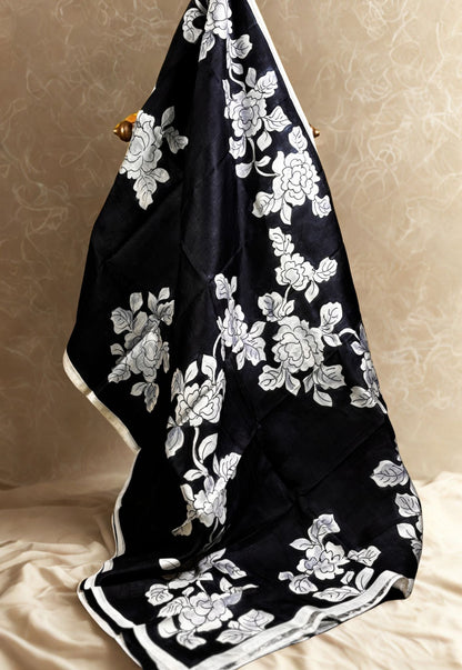 Black & White Hand Painted Murshidabad Silk Saree -Handloom Sarees- Aananda Collections