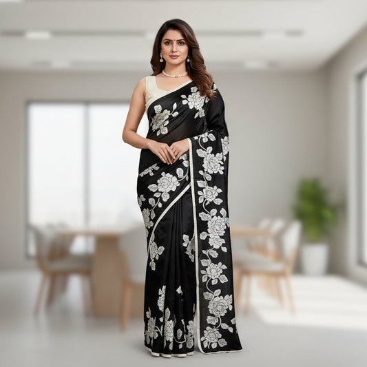 Black & White Hand Painted Murshidabad Silk Saree -Handloom Sarees- Aananda Collections