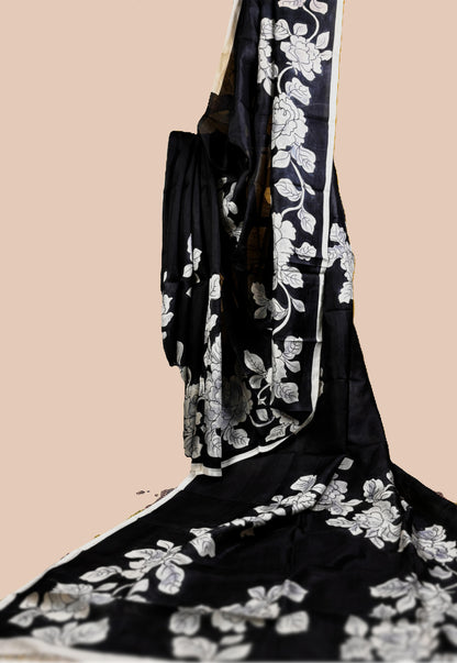 Black and White Hand Painted Murshidabad Silk Saree