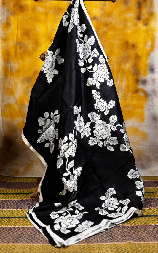 Black and White Hand Painted Murshidabad Silk Saree