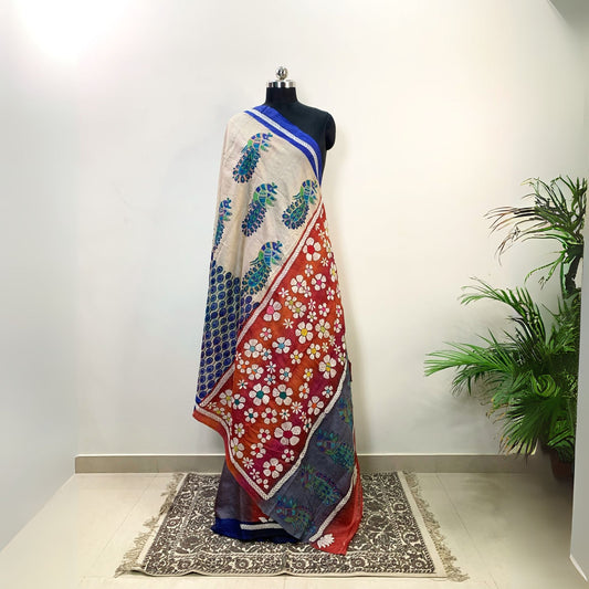 Block Printed Tussar Silk Saree With Kantha Work -Handloom Sarees- Aananda Collections