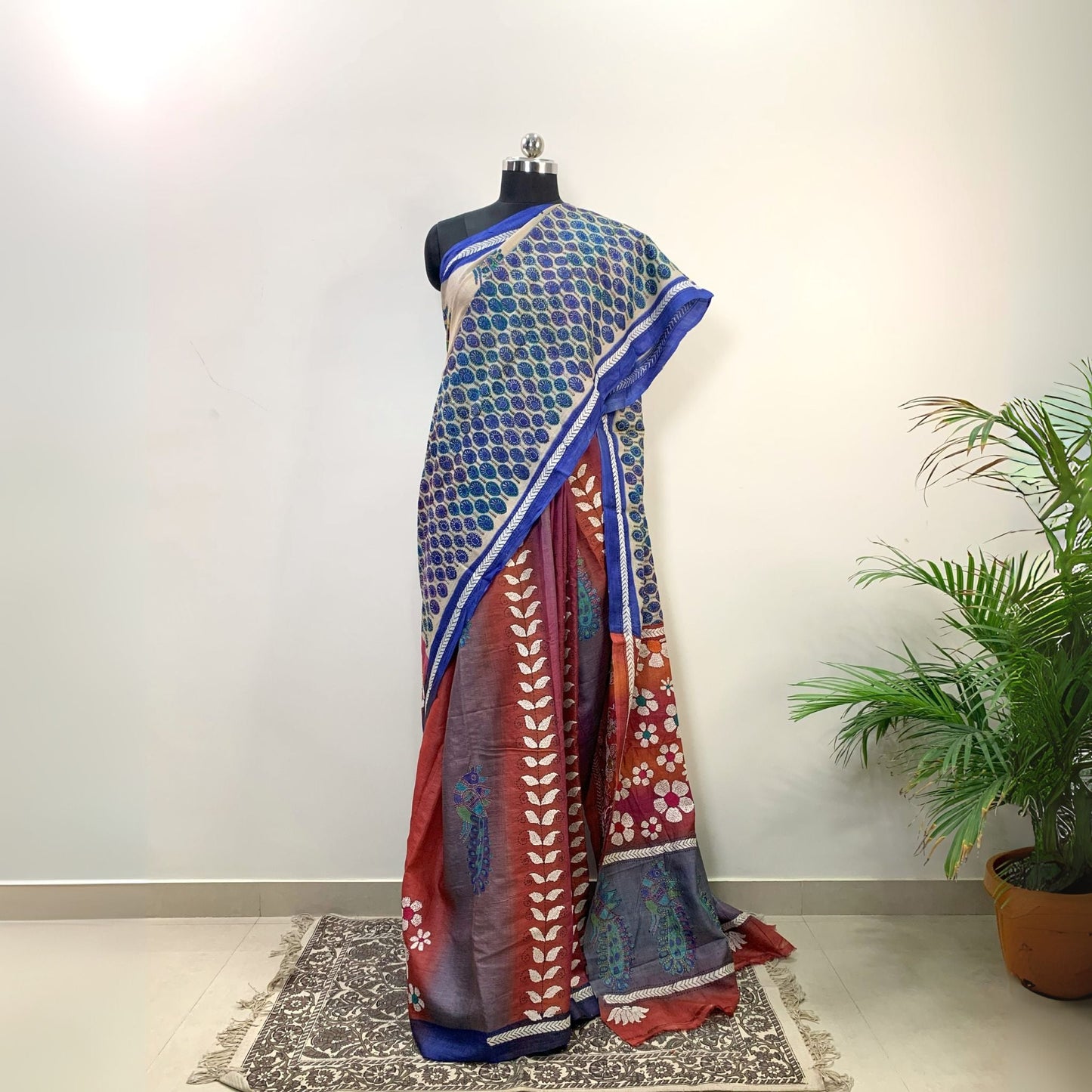 Block Printed Tussar Silk Saree With Kantha Work -Handloom Sarees- Aananda Collections