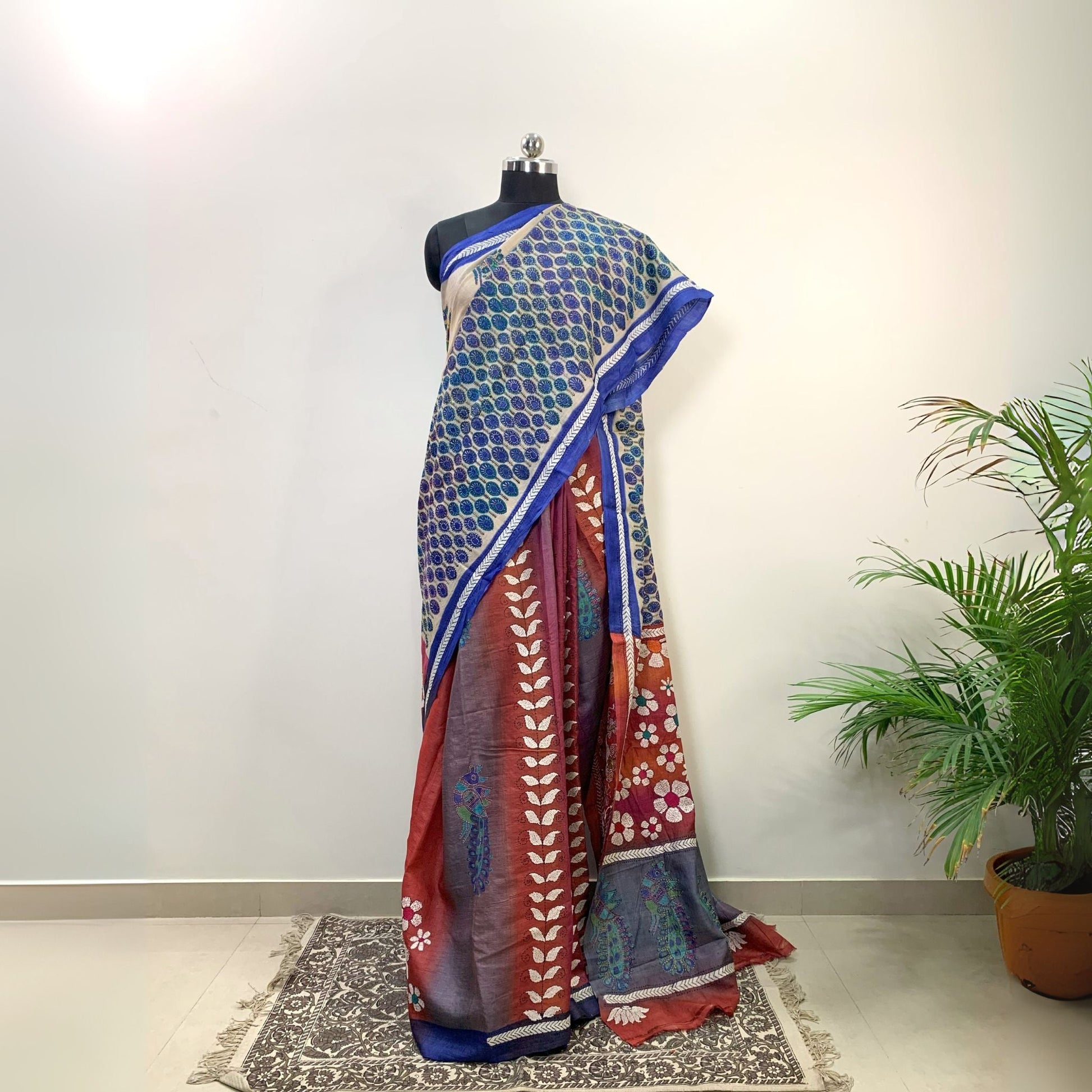 Block Printed Tussar Silk Saree With Kantha Work -Handloom Sarees- Aananda Collections