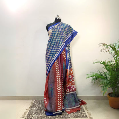 Block Printed Tussar Silk Saree With Kantha Work -Handloom Sarees- Aananda Collections