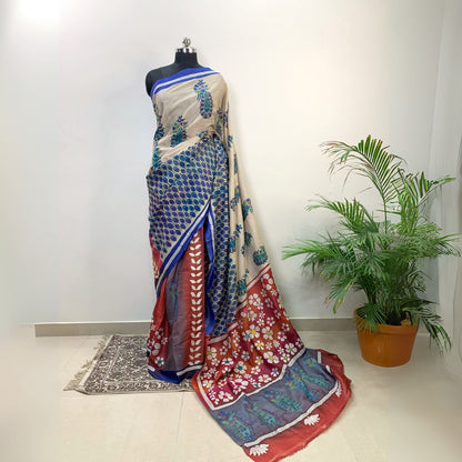 Block Printed Tussar Silk Saree With Kantha Work -Handloom Sarees- Aananda Collections