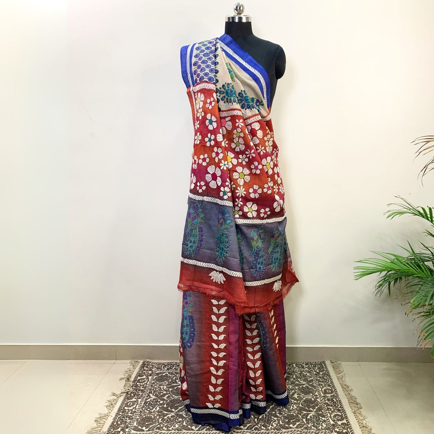 Block Printed Tussar Silk Saree With Kantha Work -Handloom Sarees- Aananda Collections