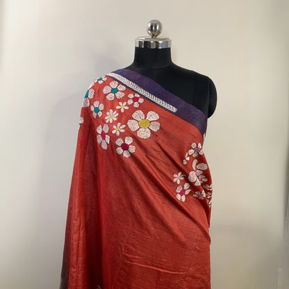 Block Printed Tussar Silk Saree With Kantha Work -Handloom Sarees- Aananda Collections
