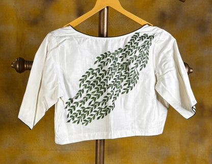 Green and White Hand Block Printed Linen Saree