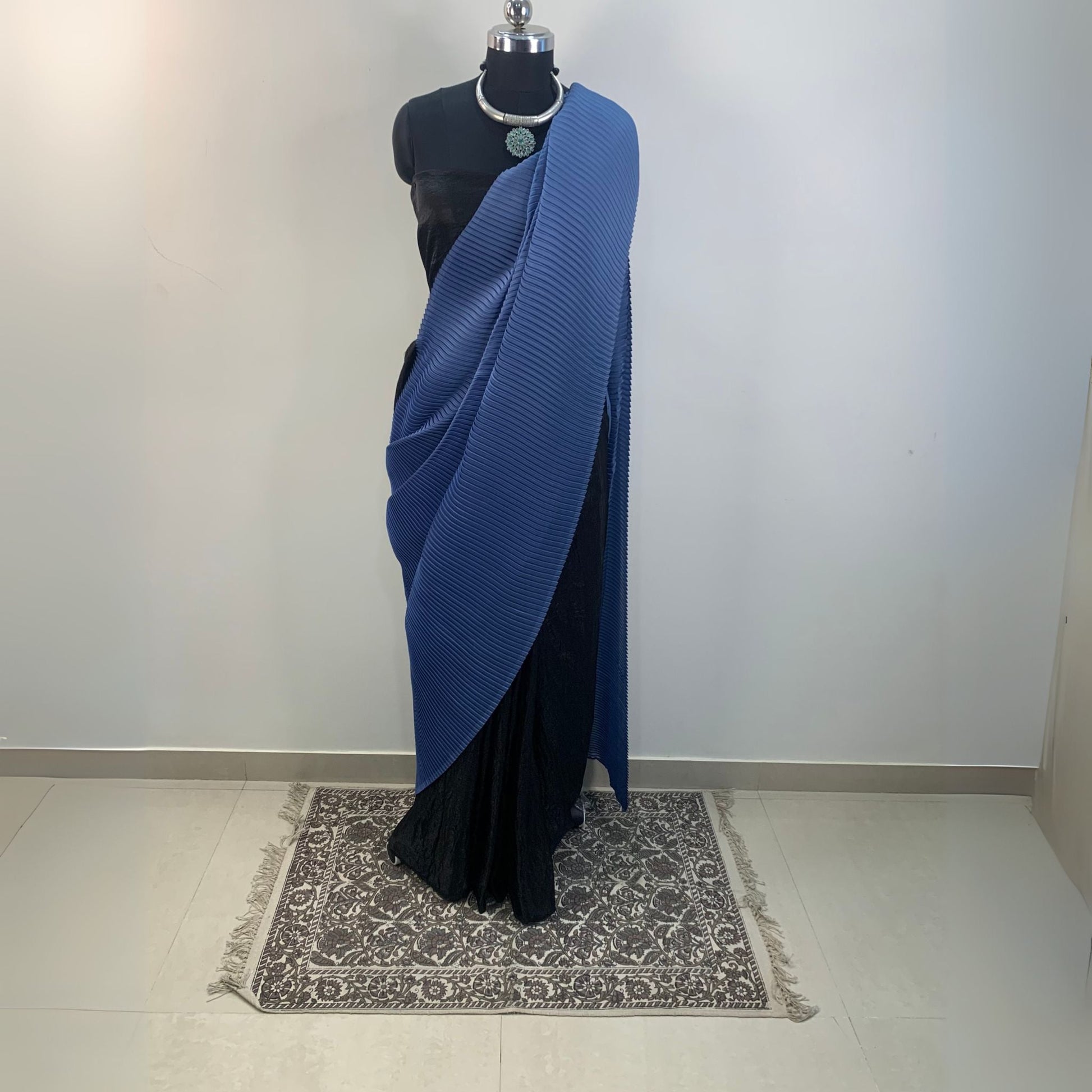 Blue & Black Accordion Pleated Designer Saree -Powerloom Sarees- Aananda Collections