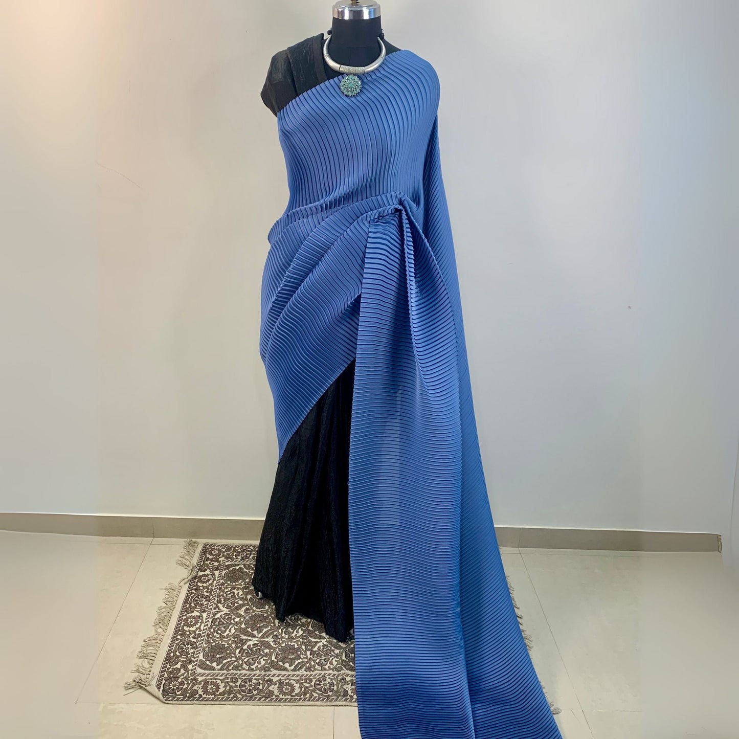 Blue & Black Accordion Pleated Designer Saree -Powerloom Sarees- Aananda Collections