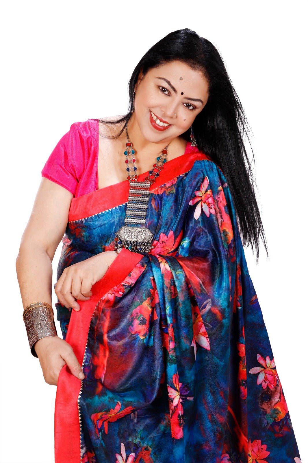 Blue Digital Printed Satin Georgette Saree -Powerloom Sarees- Aananda Collections
