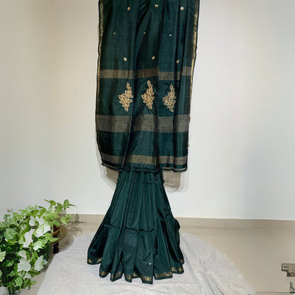 Bottle Green Katan Silk Saree with Zardosi work -Handloom Sarees- Aananda Collections
