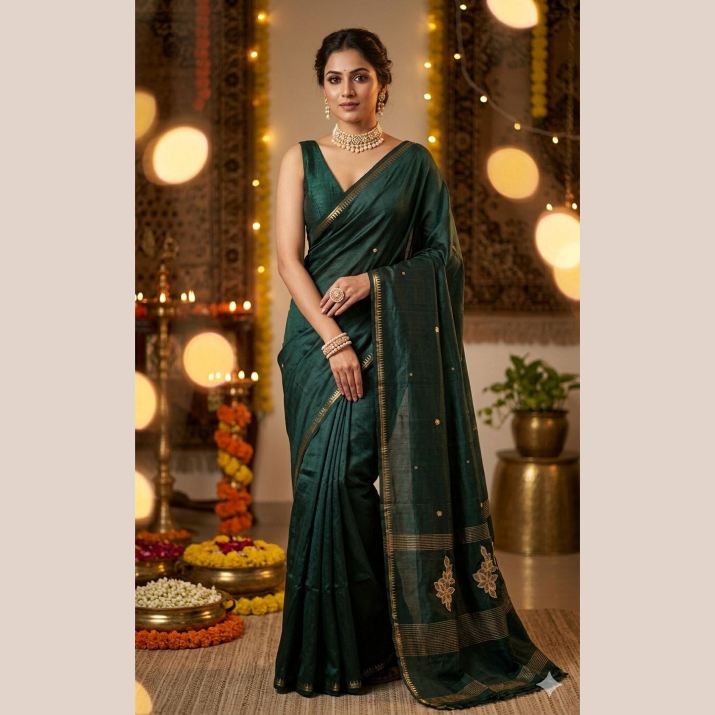 Bottle Green Katan Silk Saree with Zardosi work -Handloom Sarees- Aananda Collections