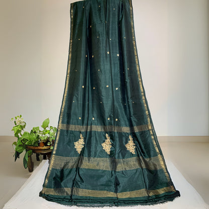 Bottle Green Katan Silk Saree with Zardosi work -Handloom Sarees- Aananda Collections