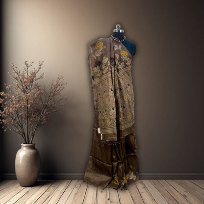 Brown Tussar Jamdani Saree -Handloom Sarees- Aananda Collections