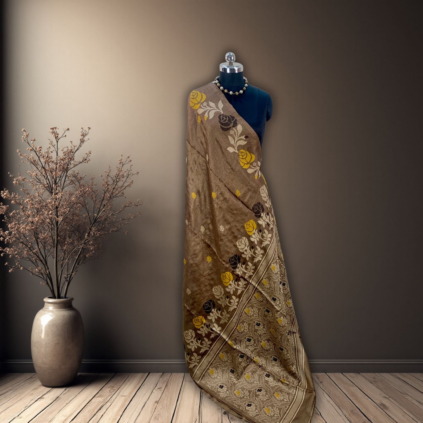 Brown Tussar Jamdani Saree -Handloom Sarees- Aananda Collections