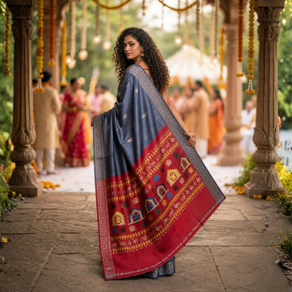 Charcoal Grey Vidarbha Tussar Silk Saree | Tribal Motif & Maroon Dolaberi Pallu -Handloom Sarees- Aananda Collections