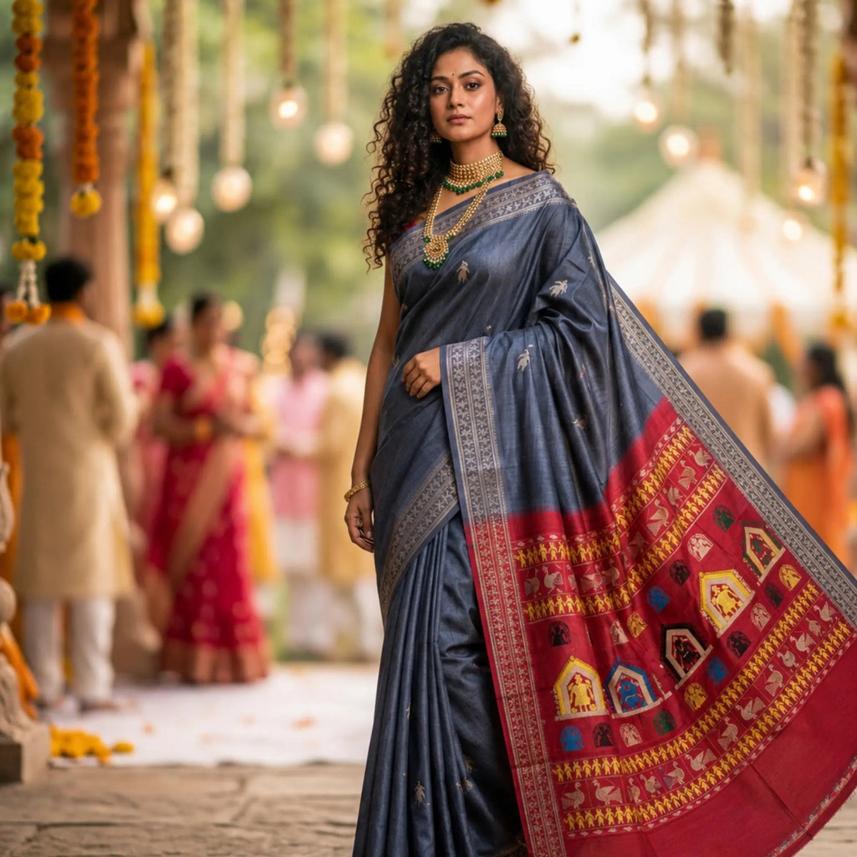 Charcoal Grey Vidarbha Tussar Silk Saree | Tribal Motif & Maroon Dolaberi Pallu -Handloom Sarees- Aananda Collections