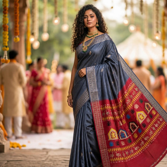 Charcoal Grey Vidarbha Tussar Silk Saree | Tribal Motif & Maroon Dolaberi Pallu -Handloom Sarees- Aananda Collections