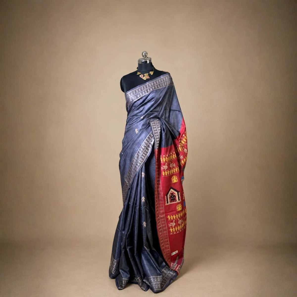 Charcoal Grey Vidarbha Tussar Silk Saree | Tribal Motif & Maroon Dolaberi Pallu -Handloom Sarees- Aananda Collections