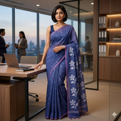 Cobalt Blue Cotton Dhakai Jamdani Saree -Handloom Sarees- Aananda Collections