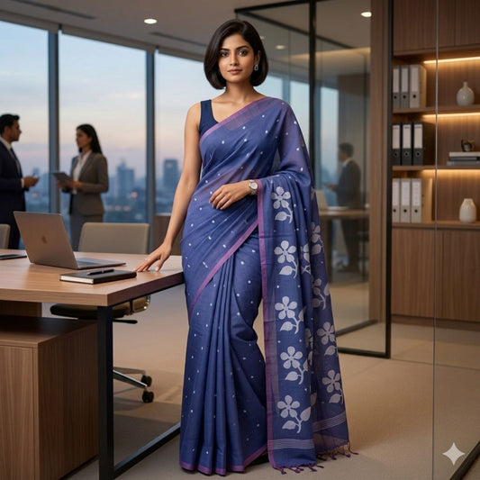 Cobalt Blue Cotton Dhakai Jamdani Saree -Handloom Sarees- Aananda Collections