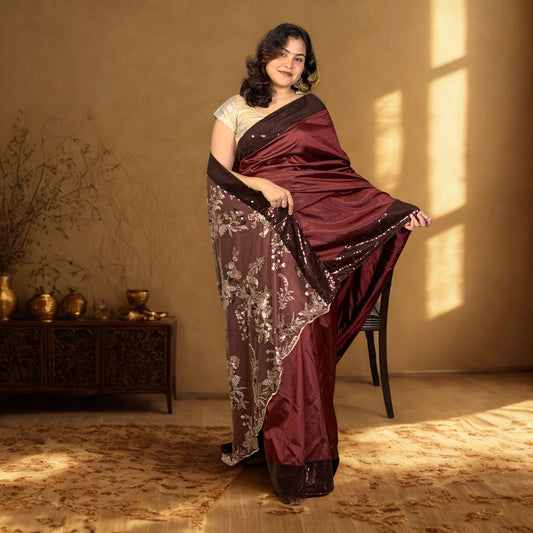 Coffee Brown Designer Katan Silk Saree -Handloom Sarees- Aananda Collections