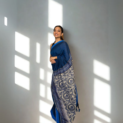 Dark Blue Designer Khadi Cotton Saree -Handloom Sarees- Aananda Collections