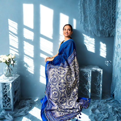 Dark Blue Designer Khadi Cotton Saree -Handloom Sarees- Aananda Collections