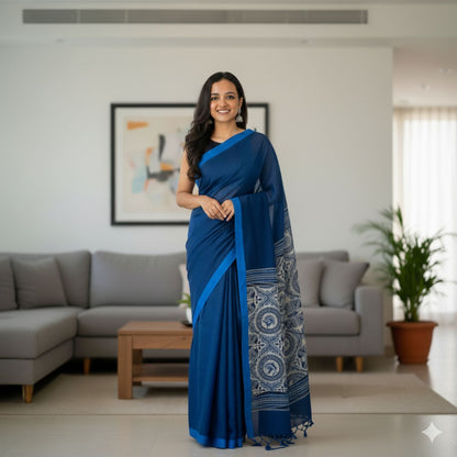 Dark Blue Designer Khadi Cotton Saree -Handloom Sarees- Aananda Collections