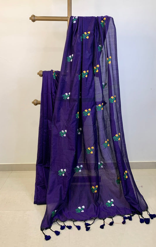Dark Blue Embroidered Khadi Cotton -Handloom Sarees- Aananda Collections