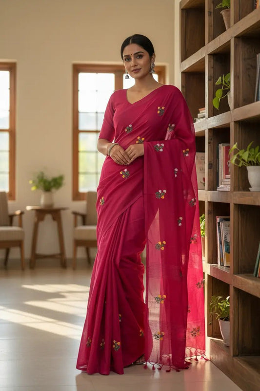 Dark Pink Embroidered Khadi Cotton -Handloom Sarees- Aananda Collections