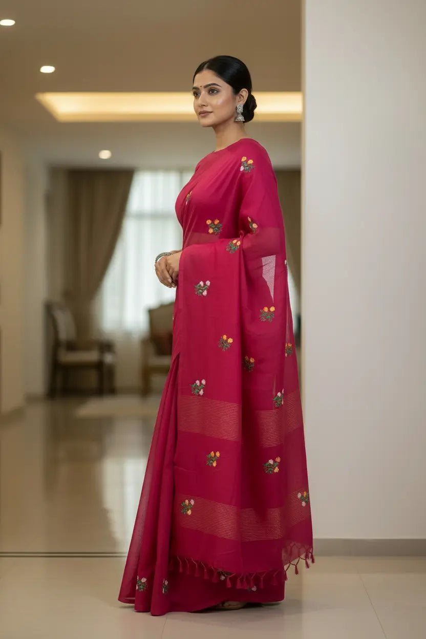 Dark Pink Embroidered Khadi Cotton -Handloom Sarees- Aananda Collections