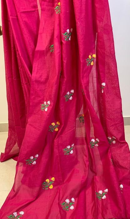 Dark Pink Embroidered Khadi Cotton -Handloom Sarees- Aananda Collections