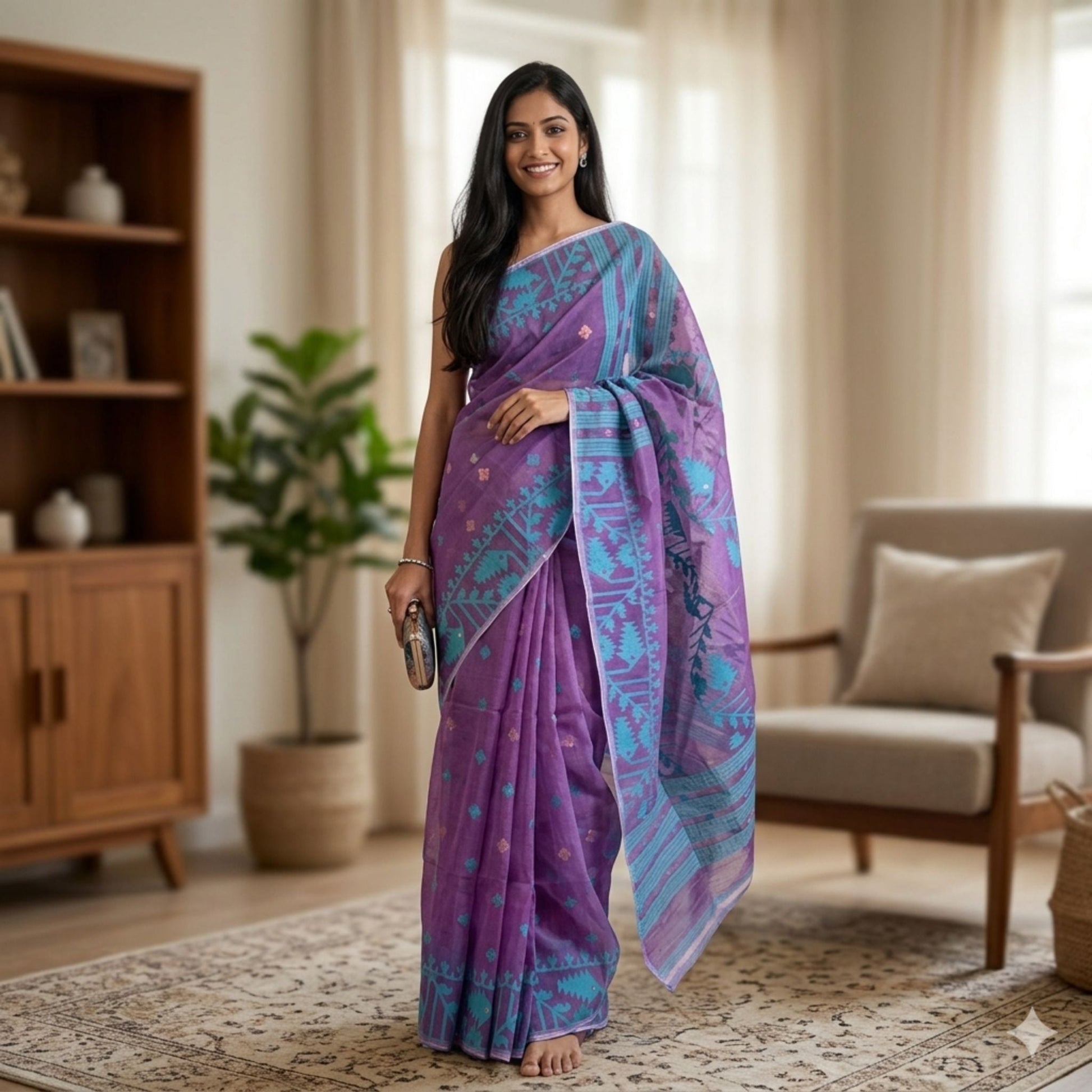 Dual Tone Purple & Magenta Cotton Dhakai Jamdani Saree -Powerloom Sarees- Aananda Collections
