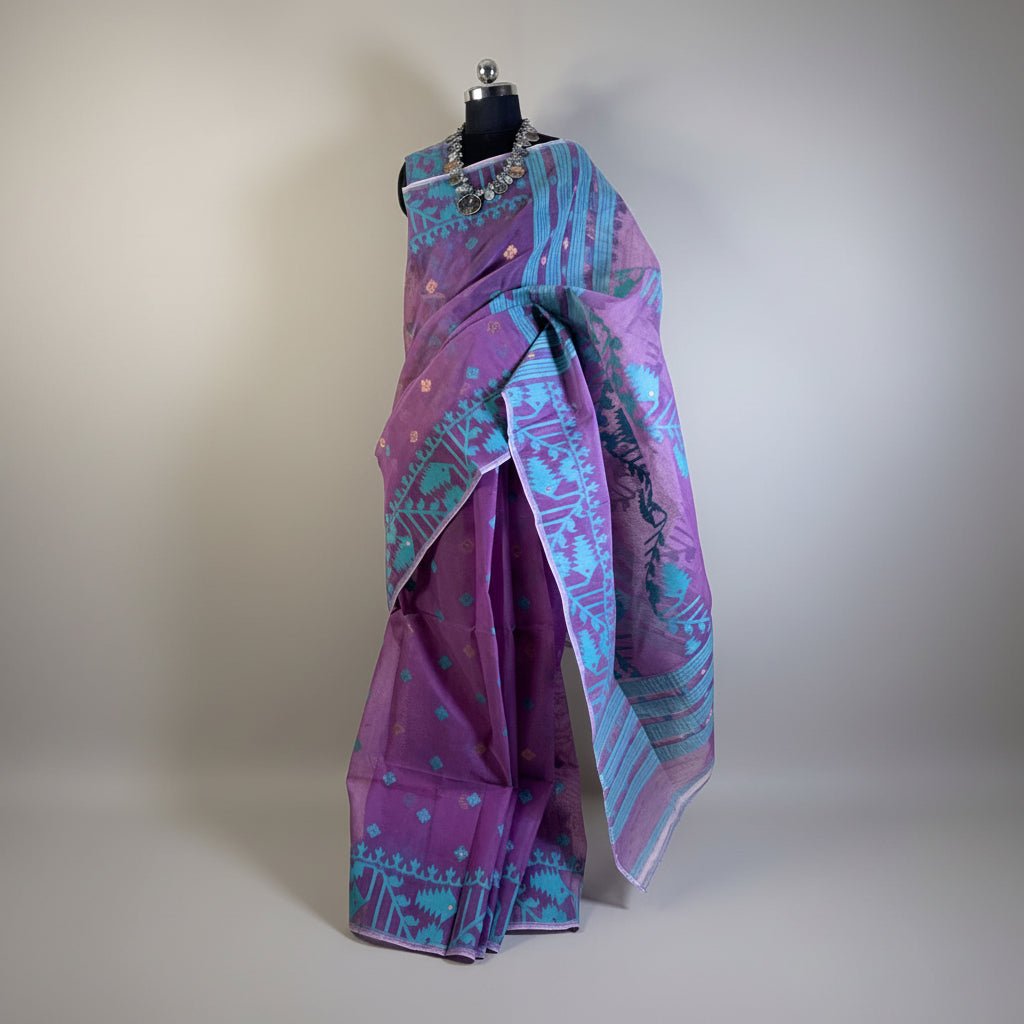 Dual Tone Purple & Magenta Cotton Dhakai Jamdani Saree -Powerloom Sarees- Aananda Collections