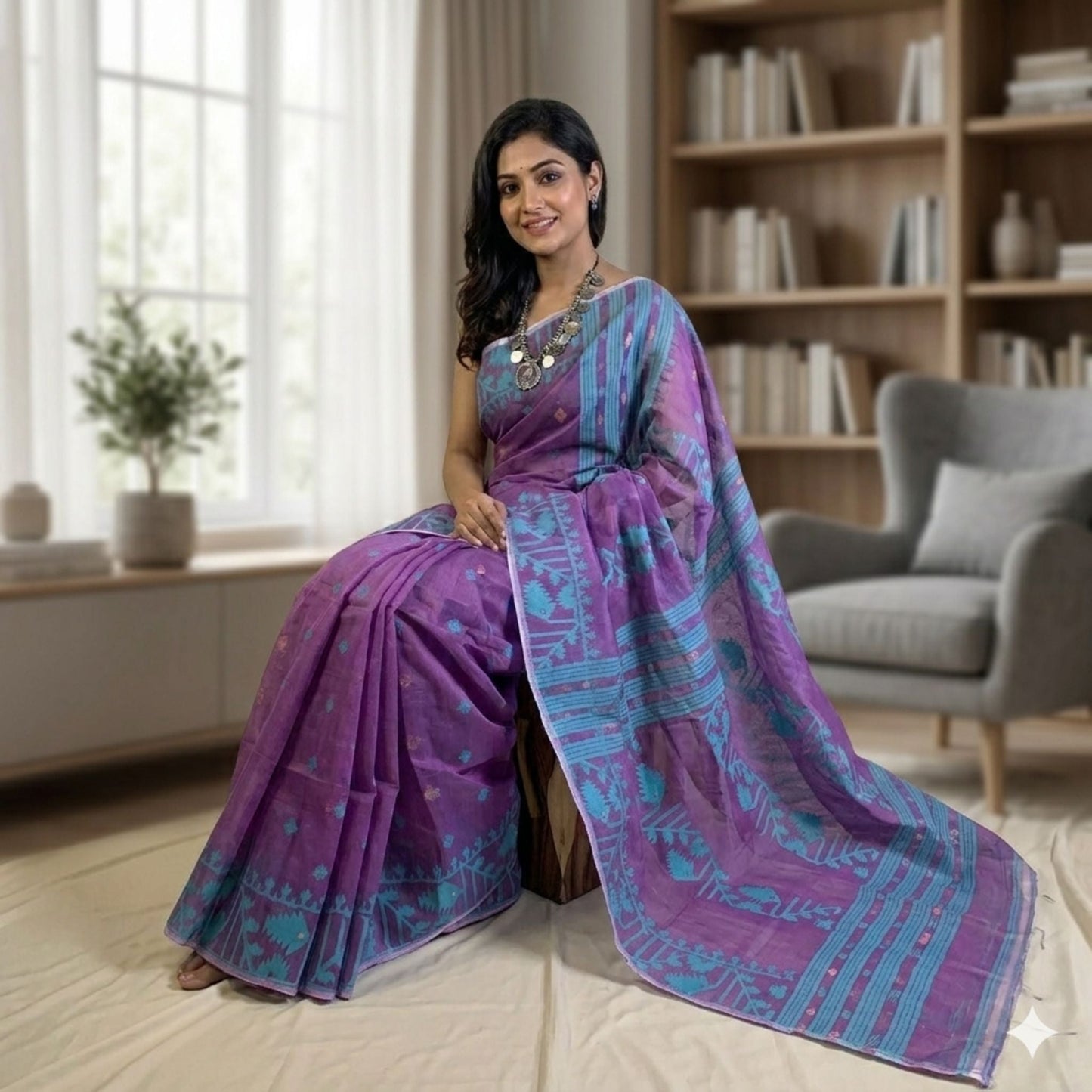 Dual Tone Purple & Magenta Cotton Dhakai Jamdani Saree -Powerloom Sarees- Aananda Collections