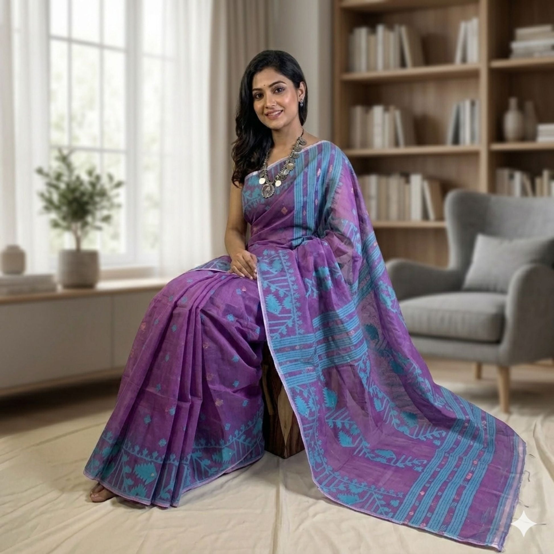 Dual Tone Purple & Magenta Cotton Dhakai Jamdani Saree -Powerloom Sarees- Aananda Collections