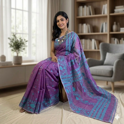 Dual Tone Purple & Magenta Cotton Dhakai Jamdani Saree -Powerloom Sarees- Aananda Collections